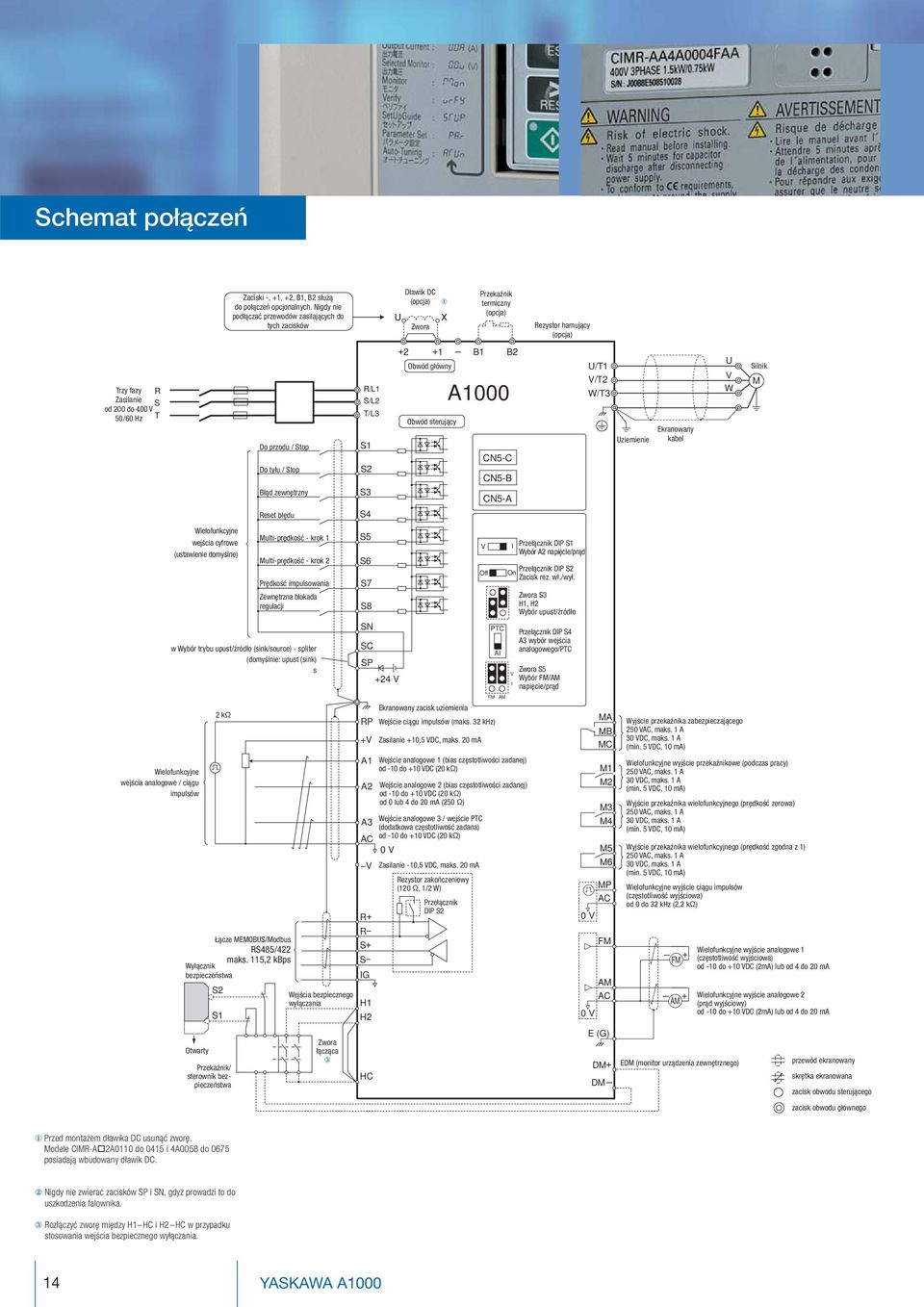Nigdy nie podłączać przewodów zasilających do tych zacisków Do przodu / Stop Do tyłu / Stop Błąd zewnętrzny Reset błędu Multi-prędkość - krok 1 Multi-prędkość - krok 2 Prędkość impulsowania