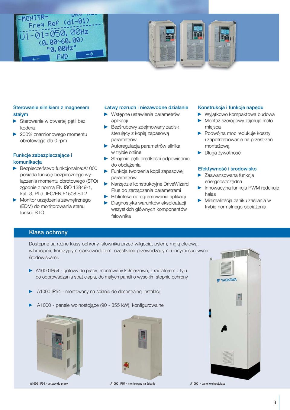 3, PLd, IEC/EN 61508 SIL2 Monitor urządzenia zewnętrznego (EDM) do monitorowania stanu funkcji STO Łatwy rozruch i niezawodne działanie Wstępne ustawienia parametrów aplikacji Bezśrubowy zdejmowany