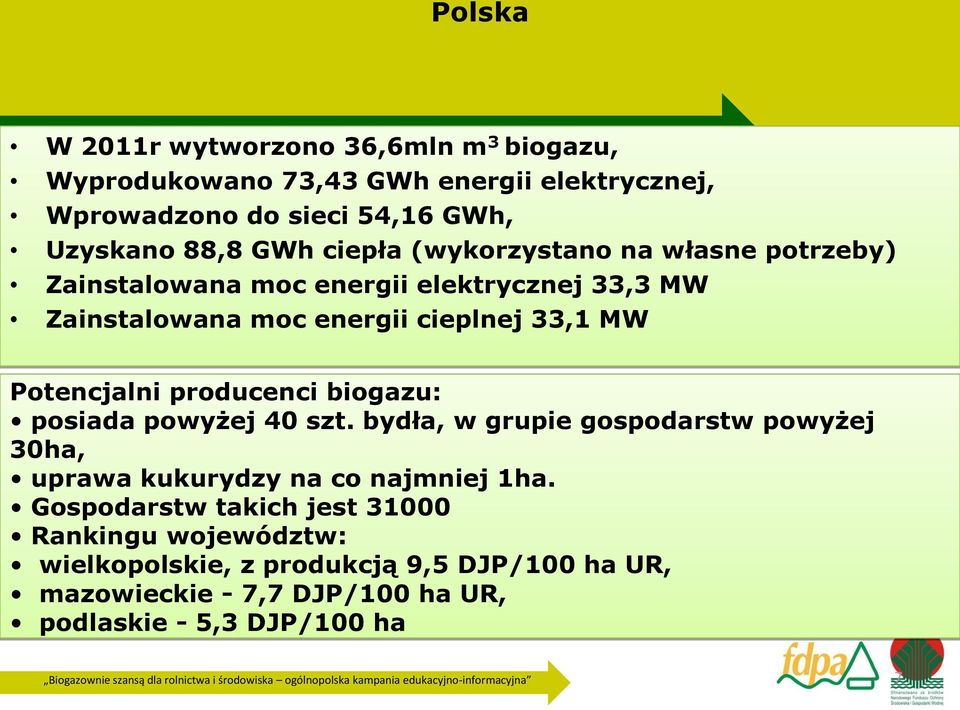 Potencjalni producenci biogazu: posiada powyżej 40 szt. bydła, w grupie gospodarstw powyżej 30ha, uprawa kukurydzy na co najmniej 1ha.