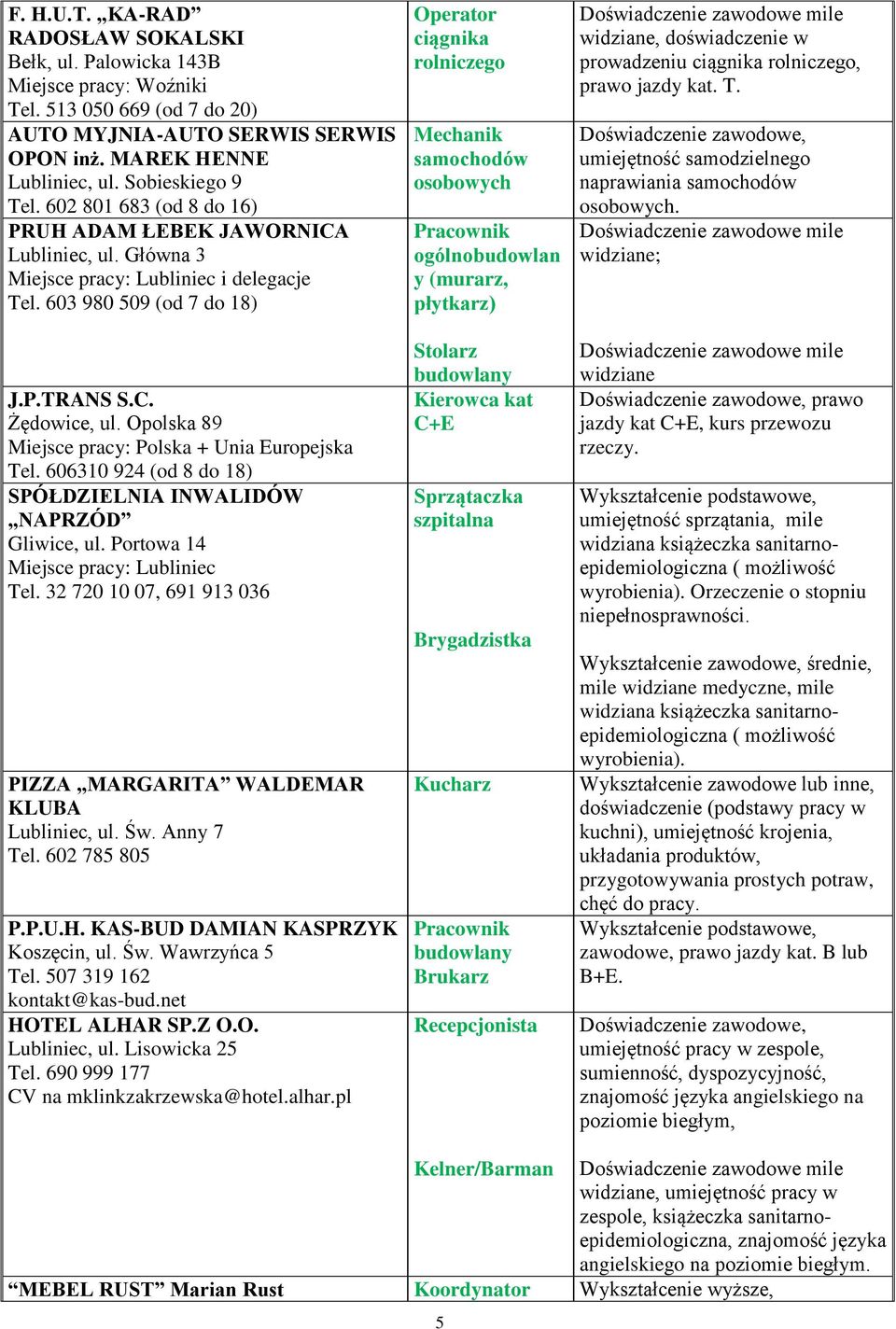 Opolska 89 Miejsce pracy: Polska + Unia Europejska Tel. 606310 924 (od 8 do 18) SPÓŁDZIELNIA INWALIDÓW NAPRZÓD Gliwice, ul. Portowa 14 Miejsce pracy: Lubliniec Tel.