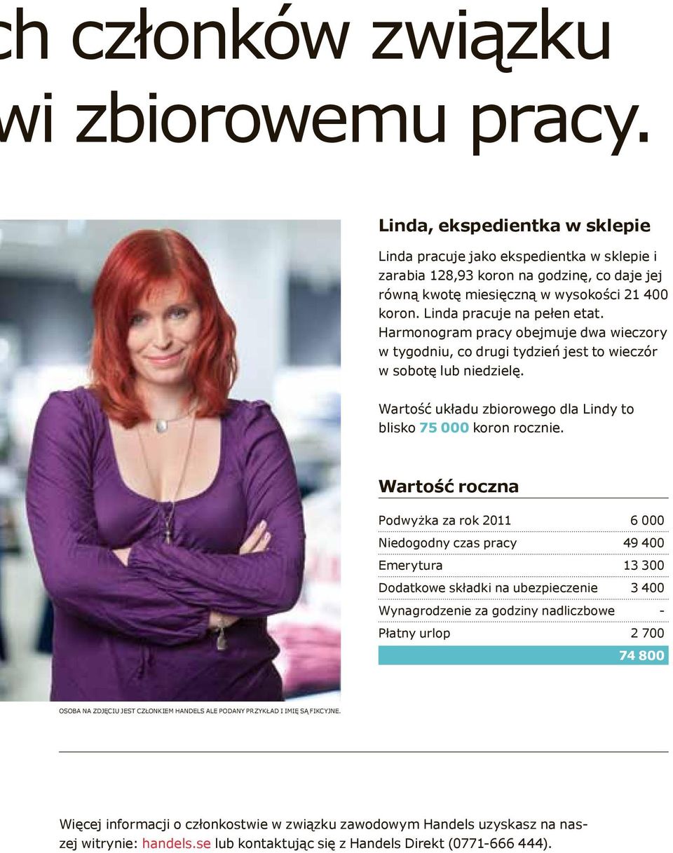 Harmonogram pracy obejmuje dwa wieczory w tygodniu, co drugi tydzień jest to wieczór w sobotę lub niedzielę. Wartość układu zbiorowego dla Lindy to blisko 75 000 koron rocznie.