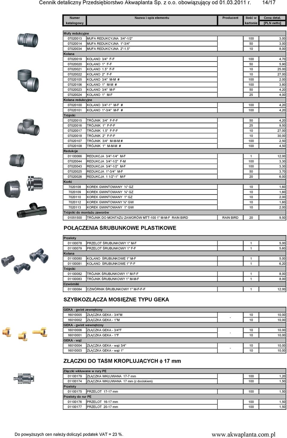 5" F-F 0,00 070022 KOLANO 2" F-F 0 27,00 07005 KOLANO 3/4" M-M # 00 2,00 0700 KOLANO " M-M # 00 3,80 070023 KOLANO 3/4" M-F 4, 070024 KOLANO " M-F 4,00 Kolana Kolana redukcyjne 07000 KOLANO 3/4"-"