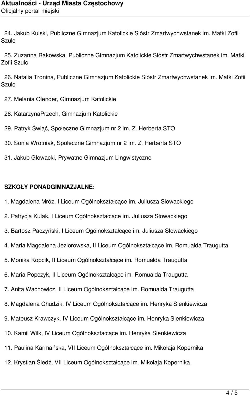 Patryk Świąć, Społeczne Gimnazjum nr 2 im. Z. Herberta STO 30. Sonia Wrotniak, Społeczne Gimnazjum nr 2 im. Z. Herberta STO 31.