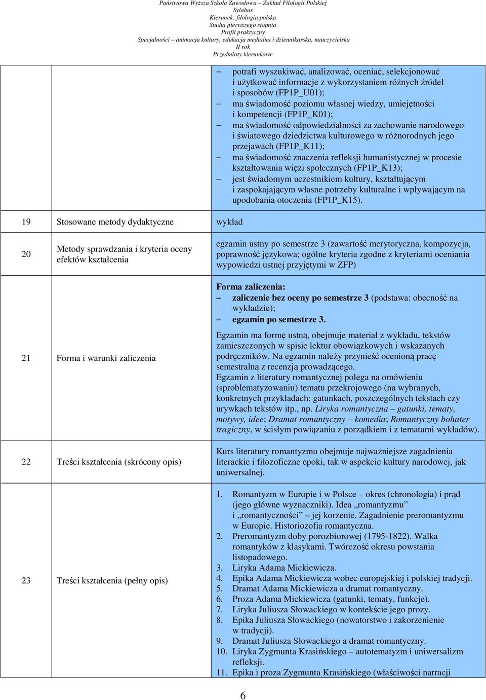 humanistycznej w procesie kształtowania więzi społecznych (FP1P_K13); jest świadomym uczestnikiem kultury, kształtującym i zaspokajającym własne potrzeby kulturalne i wpływającym na upodobania