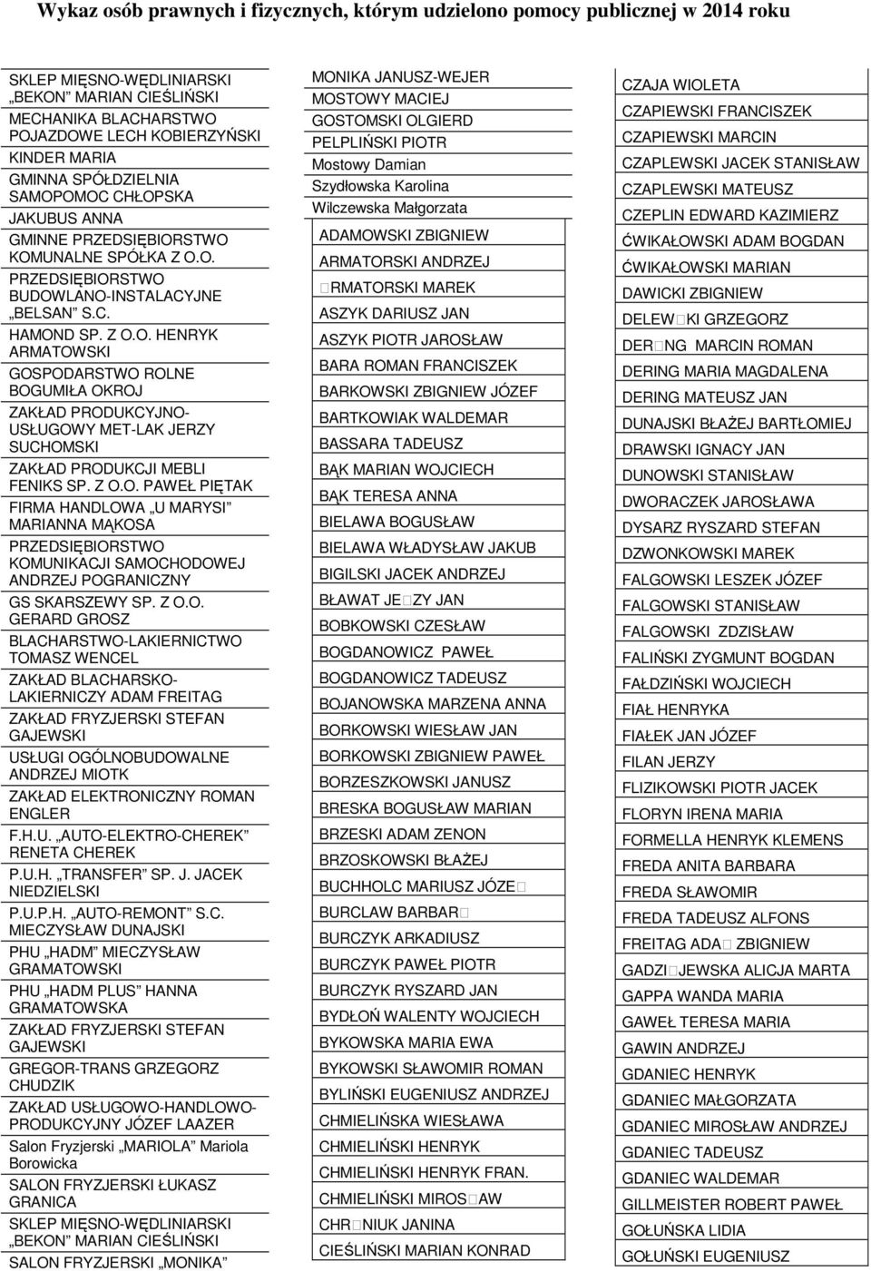Z O.O. PAWEŁ PIĘTAK FIRMA HANDLOWA U MARYSI MARIANNA MĄKOSA PRZEDSIĘBIORSTWO KOMUNIKACJI SAMOCHODOWEJ ANDRZEJ POGRANICZNY GS SKARSZEWY SP. Z O.O. GERARD GROSZ BLACHARSTWO-LAKIERNICTWO TOMASZ WENCEL