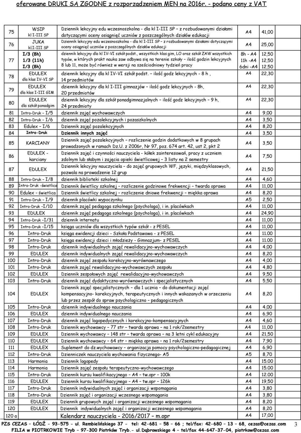 poszczególnych działów edukacji dziennik lekcyjny dla kl IV-VI szkół podst.