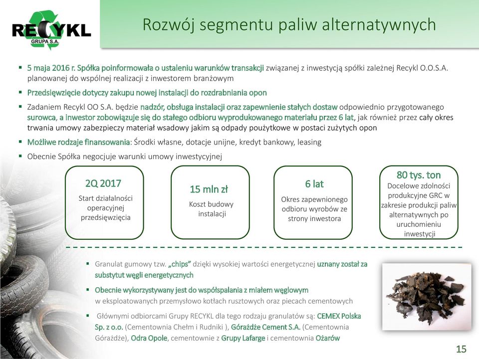 będzie nadzór, obsługa instalacji oraz zapewnienie stałych dostaw odpowiednio przygotowanego surowca, a inwestor zobowiązuje się do stałego odbioru wyprodukowanego materiału przez 6 lat, jak również