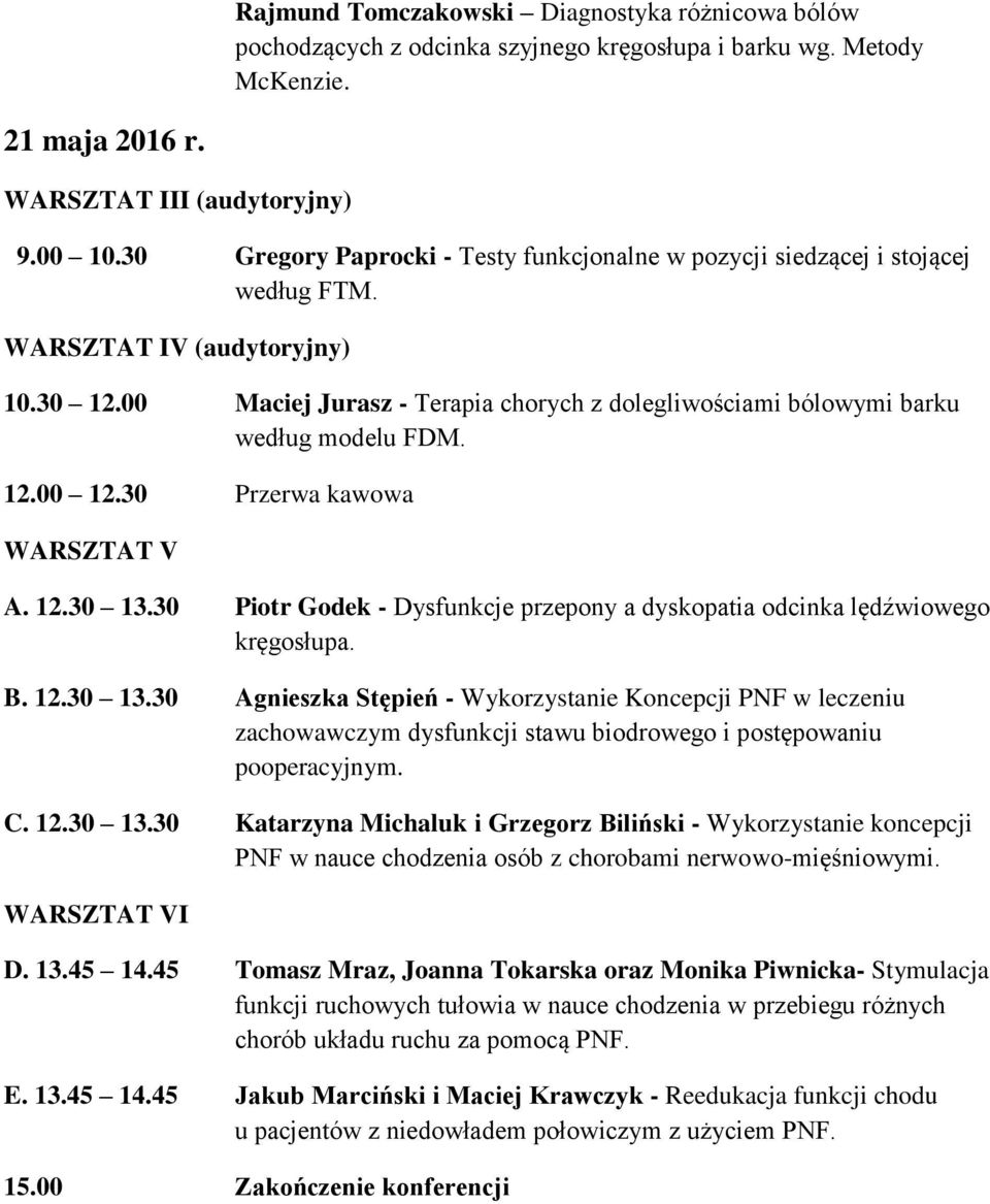 00 Maciej Jurasz - Terapia chorych z dolegliwościami bólowymi barku według modelu FDM. 12.00 12.30 Przerwa kawowa WARSZTAT V A. 12.30 13.