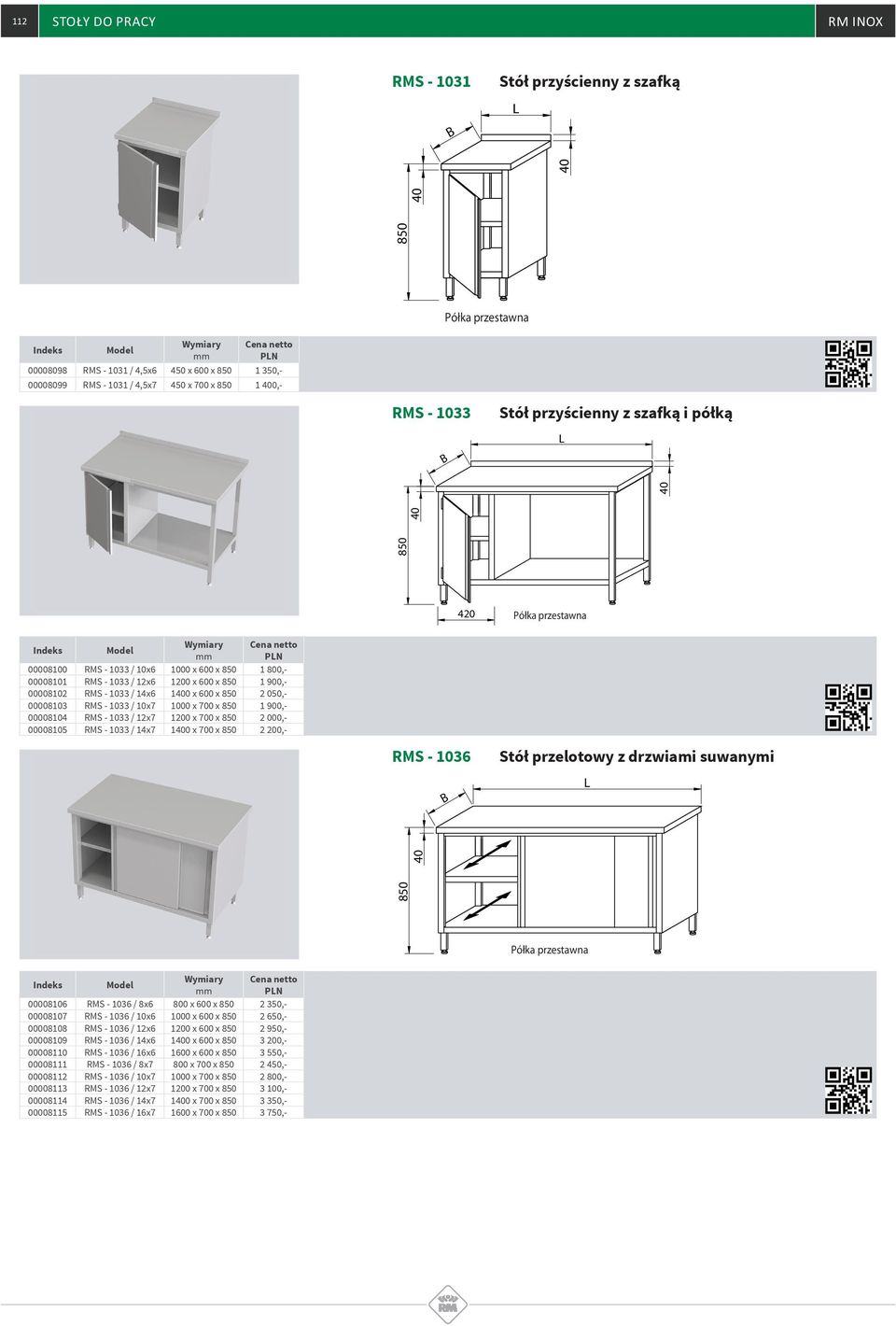 00008103 RMS - 1033 / 10x7 1000 x 700 x 1 900,- 00008104 RMS - 1033 / 12x7 1200 x 700 x 2 000,- 00008105 RMS - 1033 / 14x7 10 x 700 x 2 200,- RMS - 1036 Stół przelotowy z drzwiami suwanymi Półka