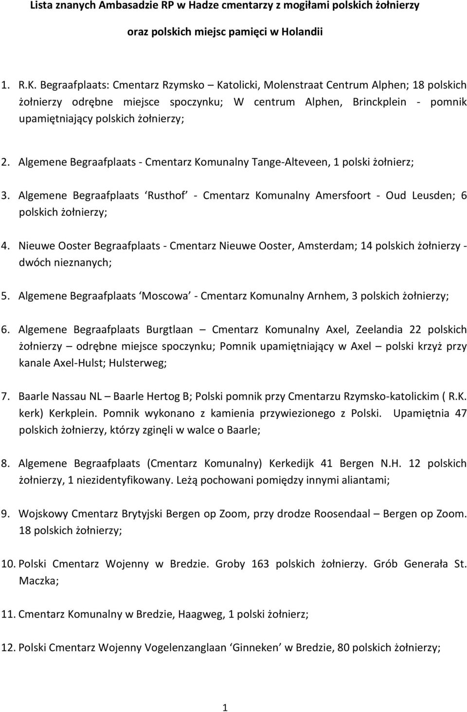Algemene Begraafplaats - Cmentarz Komunalny Tange-Alteveen, 1 polski 3. Algemene Begraafplaats Rusthof - Cmentarz Komunalny Amersfoort - Oud Leusden; 6 4.