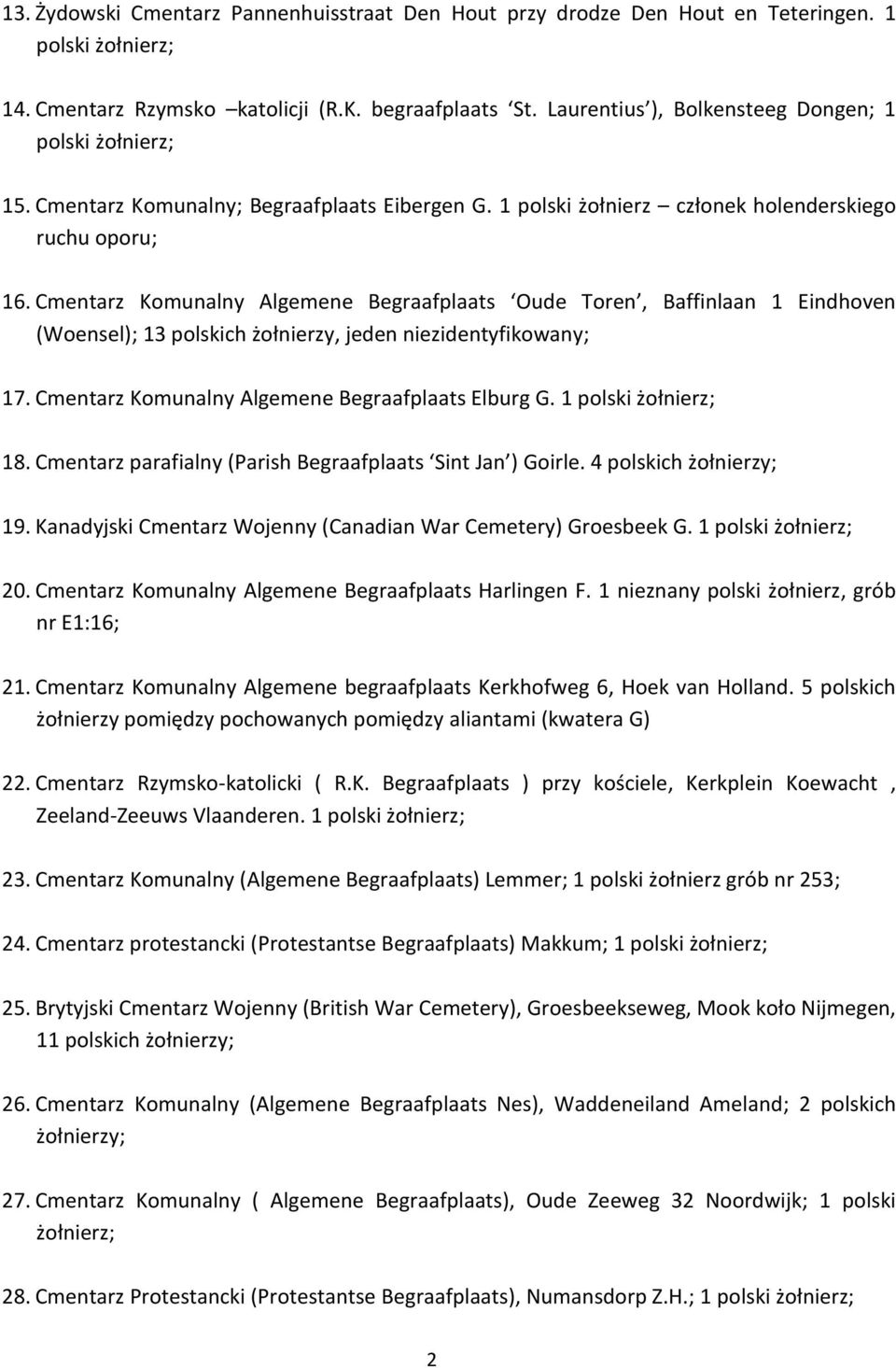 Cmentarz Komunalny Algemene Begraafplaats Oude Toren, Baffinlaan 1 Eindhoven (Woensel); 13 polskich żołnierzy, jeden niezidentyfikowany; 17. Cmentarz Komunalny Algemene Begraafplaats Elburg G.