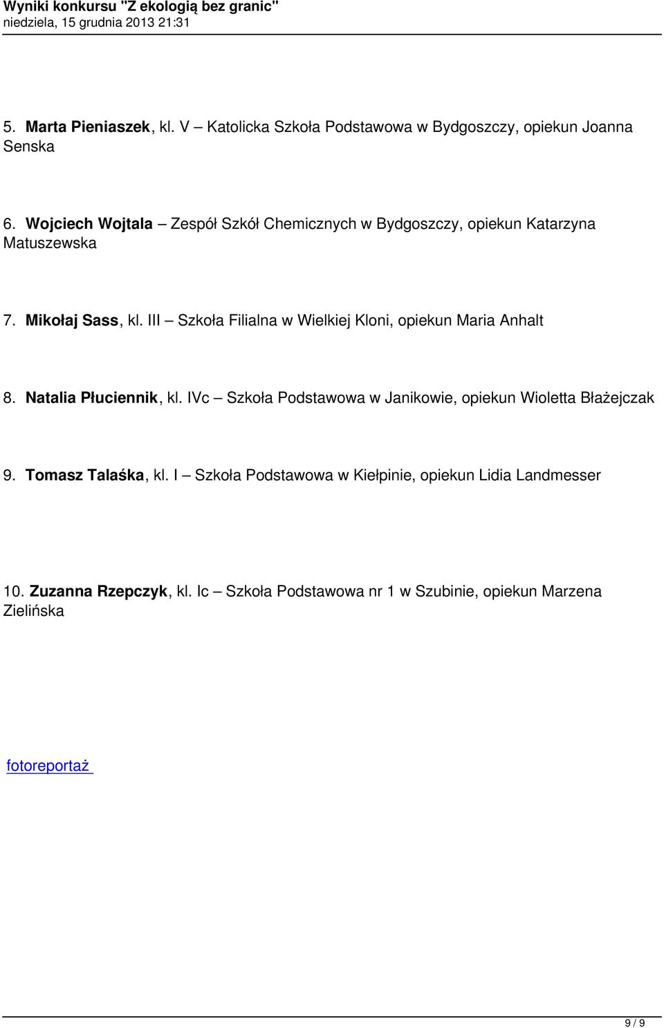 III Szkoła Filialna w Wielkiej Kloni, opiekun Maria Anhalt 8. Natalia Płuciennik, kl.