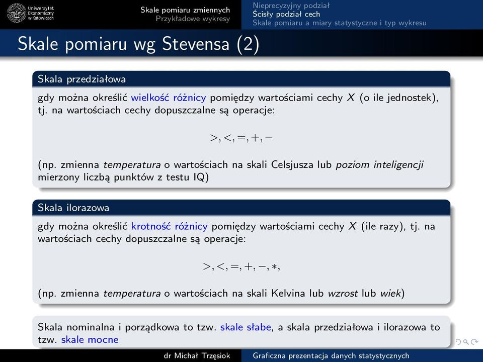 zmienna temperatura o wartościach na skali Celsjusza lub poziom inteligencji mierzony liczbą punktów z testu IQ) Skala ilorazowa gdy można określić krotność