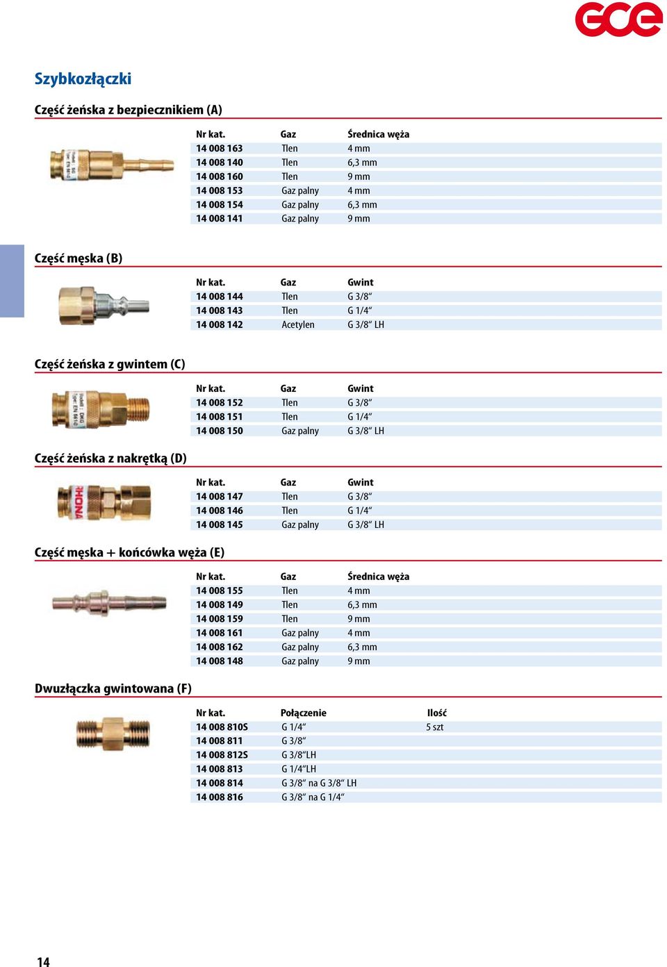 Dwuzłączka gwintowana (F) Gaz Gwint 14 008 152 Tlen G 3/8 14 008 151 Tlen G 1/4 14 008 150 Gaz palny G 3/8 LH Gaz Gwint 14 008 147 Tlen G 3/8 14 008 146 Tlen G 1/4 14 008 145 Gaz palny G 3/8 LH Gaz