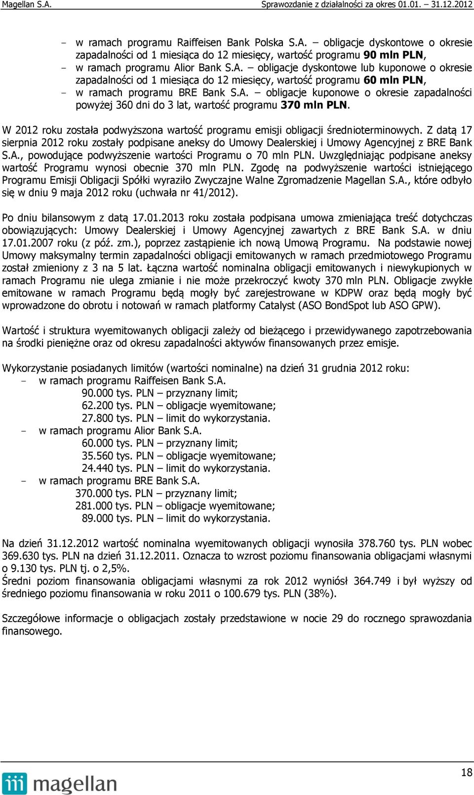 Z datą 17 sierpnia 2012 roku zostały podpisane aneksy do Umowy Dealerskiej i Umowy Agencyjnej z BRE Bank S.A., powodujące podwyższenie wartości Programu o 70 mln PLN.