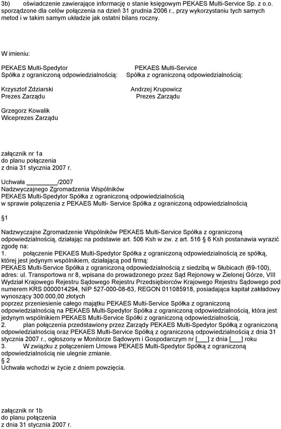 W imieniu: PEKAES Multi-Spedytor Spółka z ograniczoną odpowiedzialnością: Krzysztof Zdziarski PEKAES Multi-Service Spółka z ograniczoną odpowiedzialnością: Grzegorz Kowalik Wiceprezes Zarządu