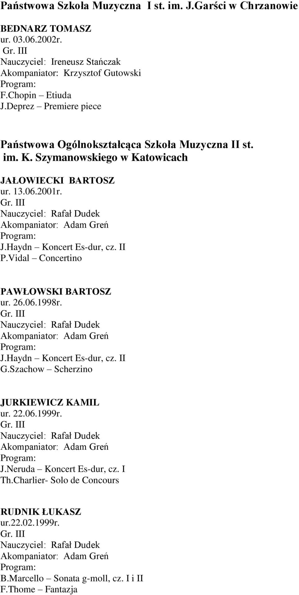 Haydn Koncert Es-dur, cz. II P.Vidal Concertino PAWŁOWSKI BARTOSZ ur. 26.06.1998r. I Nauczyciel: Rafał Dudek Akompaniator: Adam Greń J.Haydn Koncert Es-dur, cz. II G.