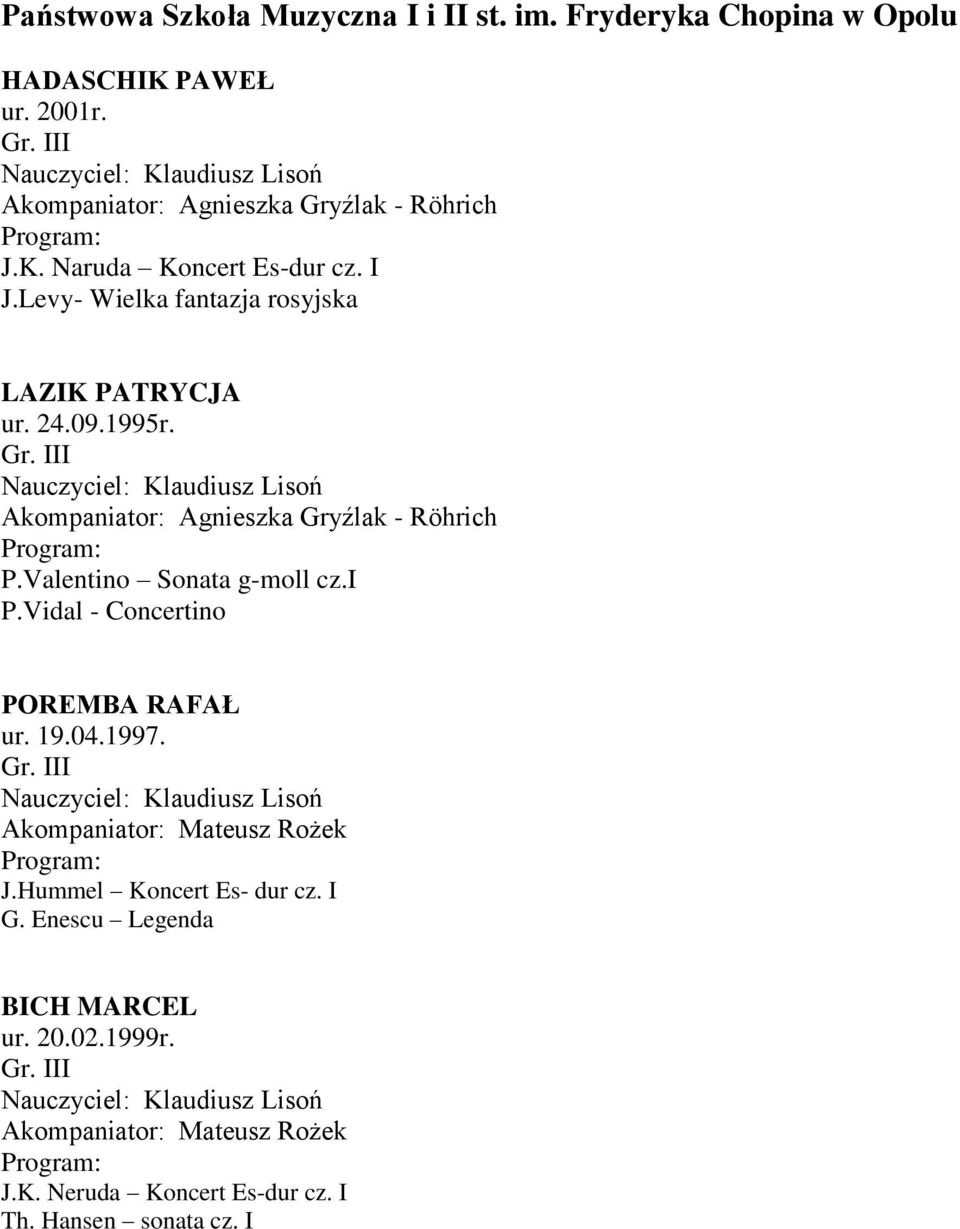 1995r. I Akompaniator: Agnieszka Gryźlak - Rӧhrich P.Valentino Sonata g-moll cz.i P.Vidal - Concertino POREMBA RAFAŁ ur. 19.04.1997.