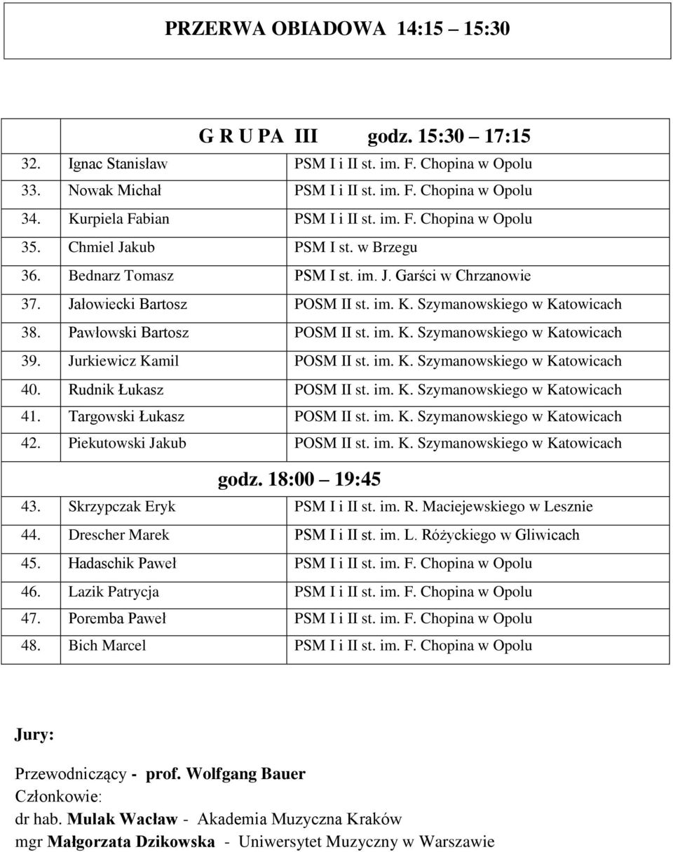 Szymanowskiego w Katowicach 38. Pawłowski Bartosz POSM II st. im. K. Szymanowskiego w Katowicach 39. Jurkiewicz Kamil POSM II st. im. K. Szymanowskiego w Katowicach 40. Rudnik Łukasz POSM II st. im. K. Szymanowskiego w Katowicach 41.