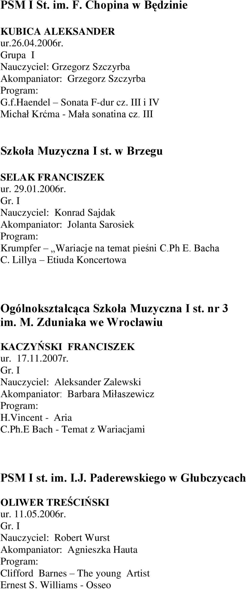 Nauczyciel: Konrad Sajdak Akompaniator: Jolanta Sarosiek Krumpfer Wariacje na temat pieśni C.Ph E. Bacha C. Lillya Etiuda Koncertowa Ogólnokształcąca Szkoła Mu