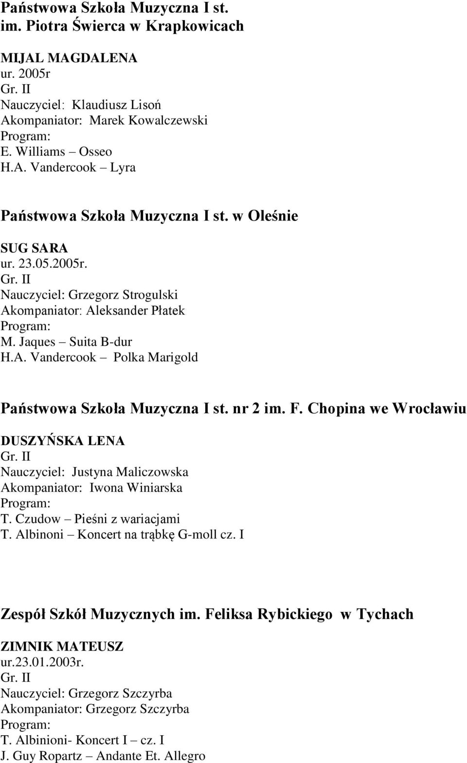 F. Chopina we Wrocławiu DUSZYŃSKA LENA Nauczyciel: Justyna Maliczowska Akompaniator: Iwona Winiarska T. Czudow Pieśni z wariacjami T. Albinoni Koncert na trąbkę G-moll cz.