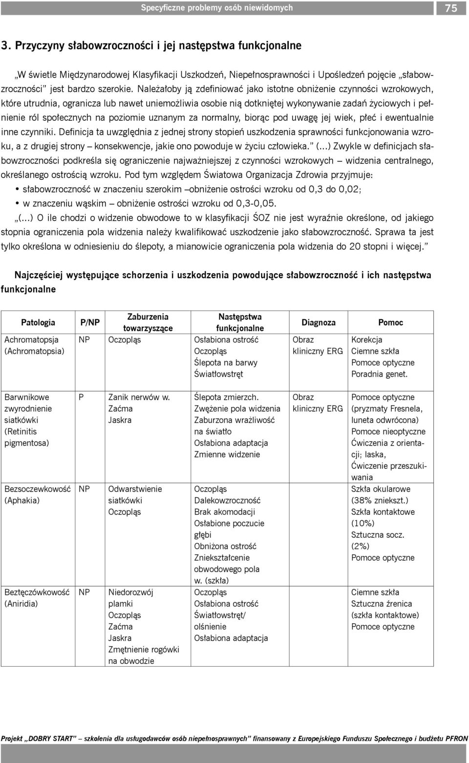 Należałoby ją zdefiniować jako istotne obniżenie czynności wzrokowych, które utrudnia, ogranicza lub nawet uniemożliwia osobie nią dotkniętej wykonywanie zadań życiowych i pełnienie ról społecznych