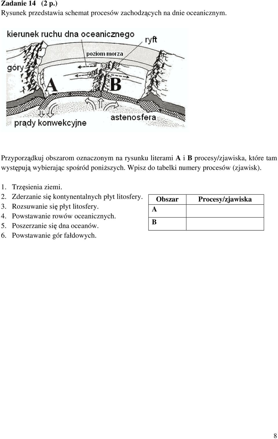 poniższych. Wpisz do tabelki numery procesów (zjawisk). 1. Trzęsienia ziemi. 2.