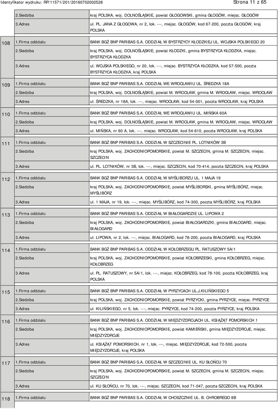 WOJSKA POLSKIEGO, nr 20, lok. ---, miejsc. BYSTRZYCA KŁODZKA, kod 57-500, poczta BYSTRZYCA KŁODZKA, kraj 109 1.Firma oddziału BANK BGŻ BNP PARIBAS S.A. ODDZIAŁ WE WROCŁAWIU UL. ŚREDZKA 18A kraj, woj.