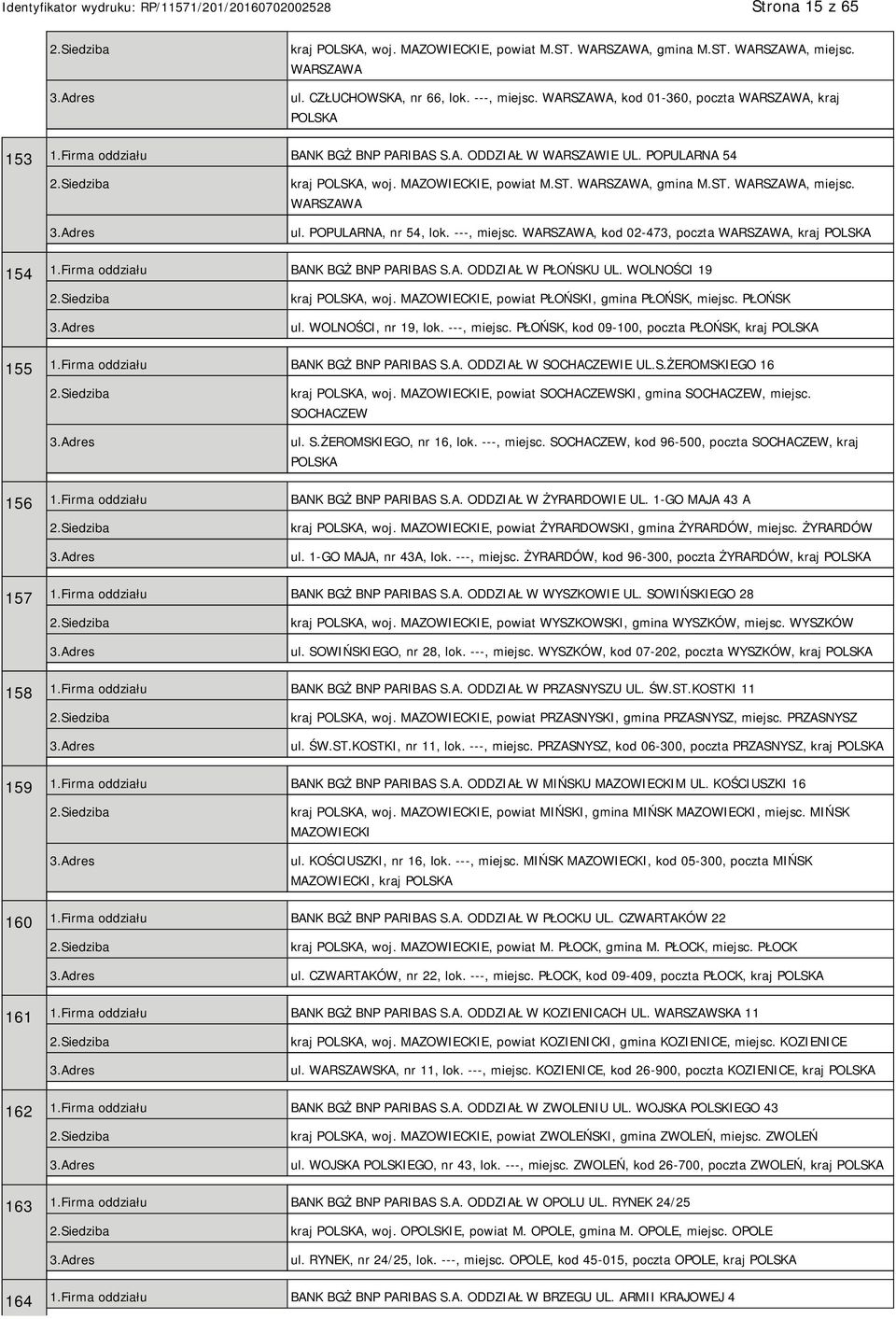 ---, miejsc. WARSZAWA, kod 02-473, poczta WARSZAWA, kraj 154 1.Firma oddziału BANK BGŻ BNP PARIBAS S.A. ODDZIAŁ W PŁOŃSKU UL. WOLNOŚCI 19 kraj, woj. MAZOWIECKIE, powiat PŁOŃSKI, gmina PŁOŃSK, miejsc.