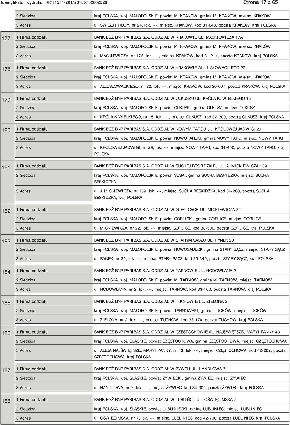 KRAKÓW, kod 31-214, poczta KRAKÓW, kraj 178 1.Firma oddziału BANK BGŻ BNP PARIBAS S.A. ODDZIAŁ W KRAKOWIE AL. J. SŁOWACKIEGO 22 kraj, woj. MAŁOPOLSKIE, powiat M. KRAKÓW, gmina M. KRAKÓW, miejsc.