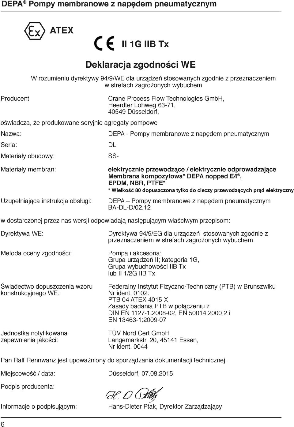 membran: Uzupełniająca instrukcja obsługi: elektrycznie przewodzące / elektrycznie odprowadzające Membrana kompozytowa* DEPA nopped E4, EPDM, NBR, PTFE* * Wielkość 80 dopuszczona tylko do cieczy