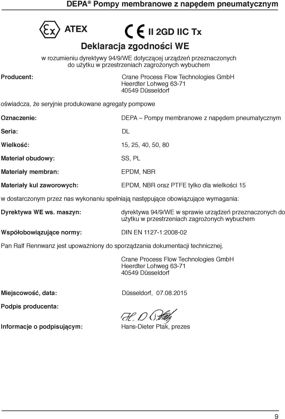 Materiał obudowy: Materiały membran: SS, PL EPDM, NBR Materiały kul zaworowych: EPDM, NBR oraz PTFE tylko dla wielkości 15 w dostarczonym przez nas wykonaniu spełniają następujące obowiązujące