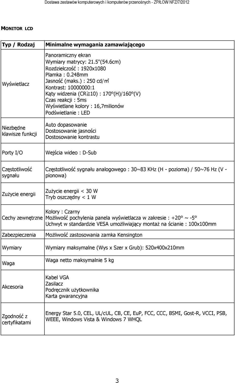 kontrastu Porty I/O Wejścia wideo : D-Sub Częstotliwość sygnału Częstotliwość sygnału analogowego : 30~83 KHz (H - pozioma) / 50~76 Hz (V - pionowa) Zużycie energii Zużycie energii < 30 W Tryb