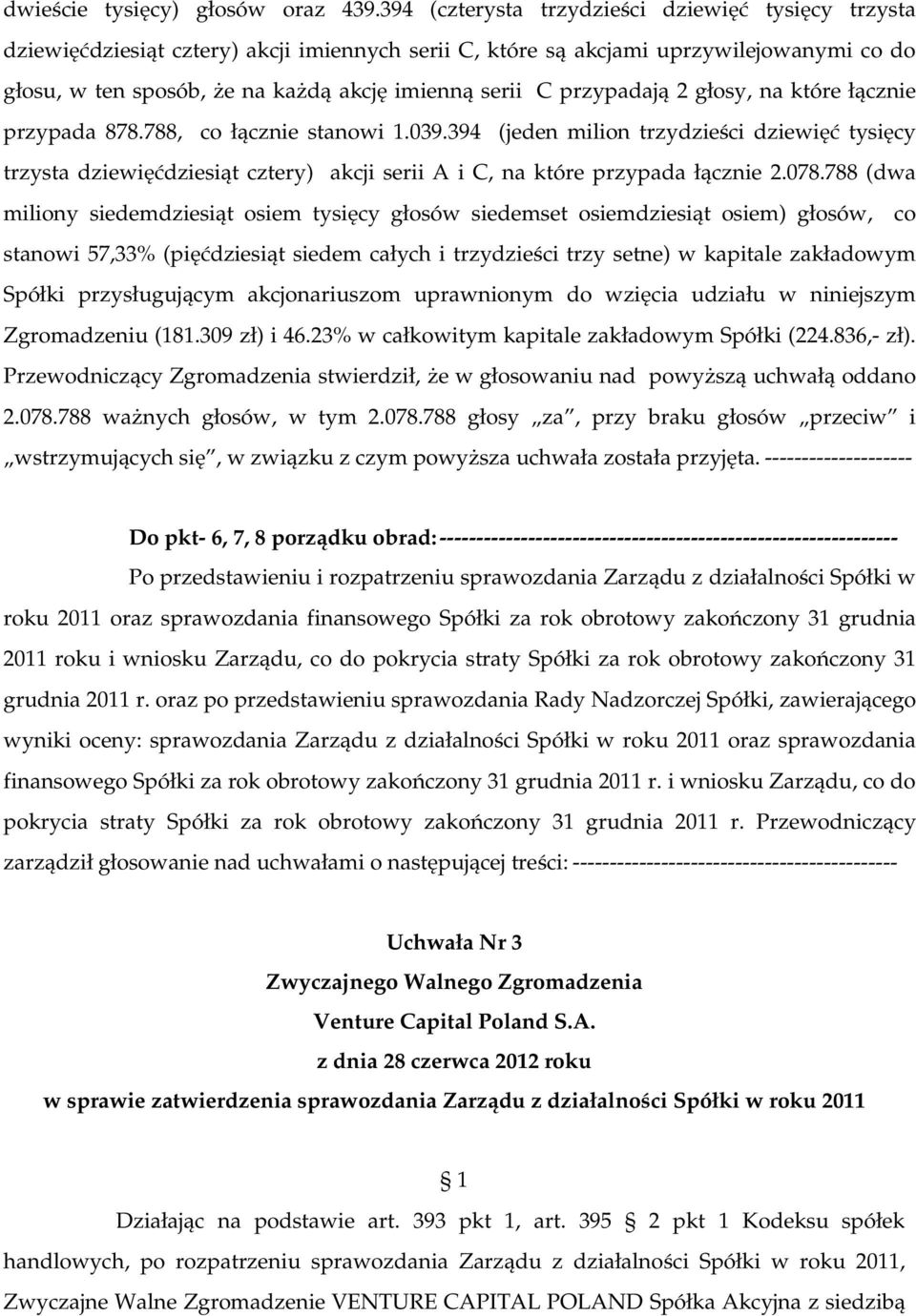 oraz po przedstawieniu sprawozdania Rady Nadzorczej Spółki, zawierającego wyniki oceny: sprawozdania Zarządu z działalności Spółki w roku 2011 oraz sprawozdania finansowego Spółki za rok obrotowy