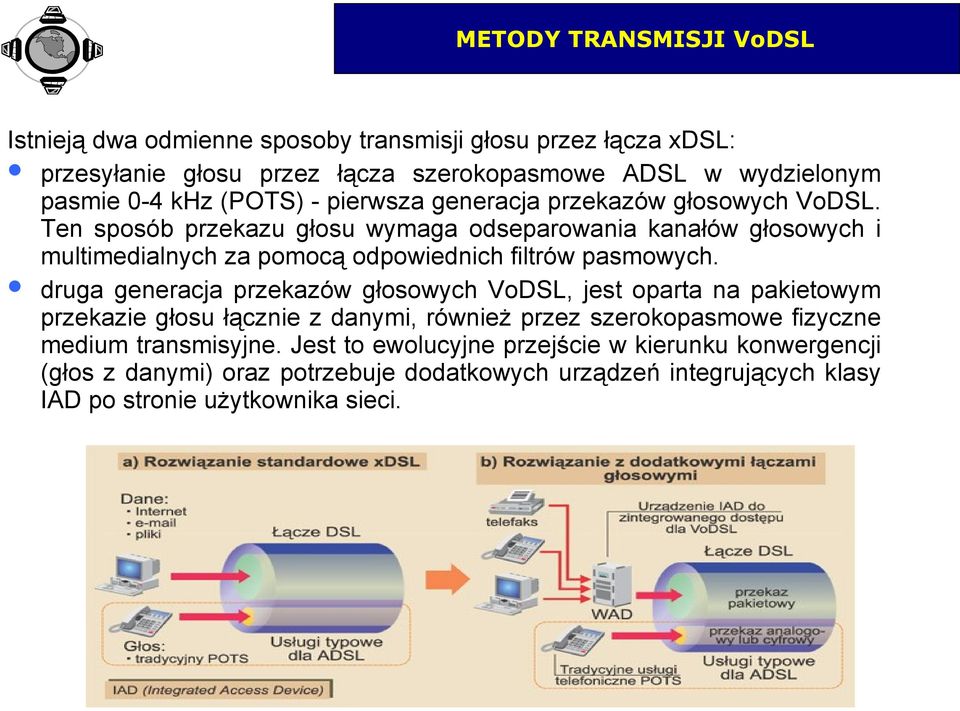 Ten sposób przekazu głosu wymaga odseparowania kanałów głosowych i multimedialnych za pomocą odpowiednich filtrów pasmowych.