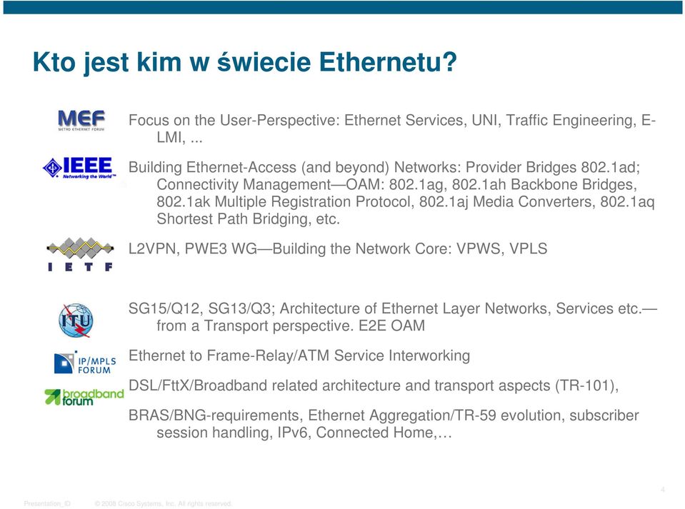 L2VPN, PWE3 WG Building the Network Core: VPWS, VPLS SG15/Q12, SG13/Q3; Architecture of Ethernet Layer Networks, Services etc. from a Transport perspective.