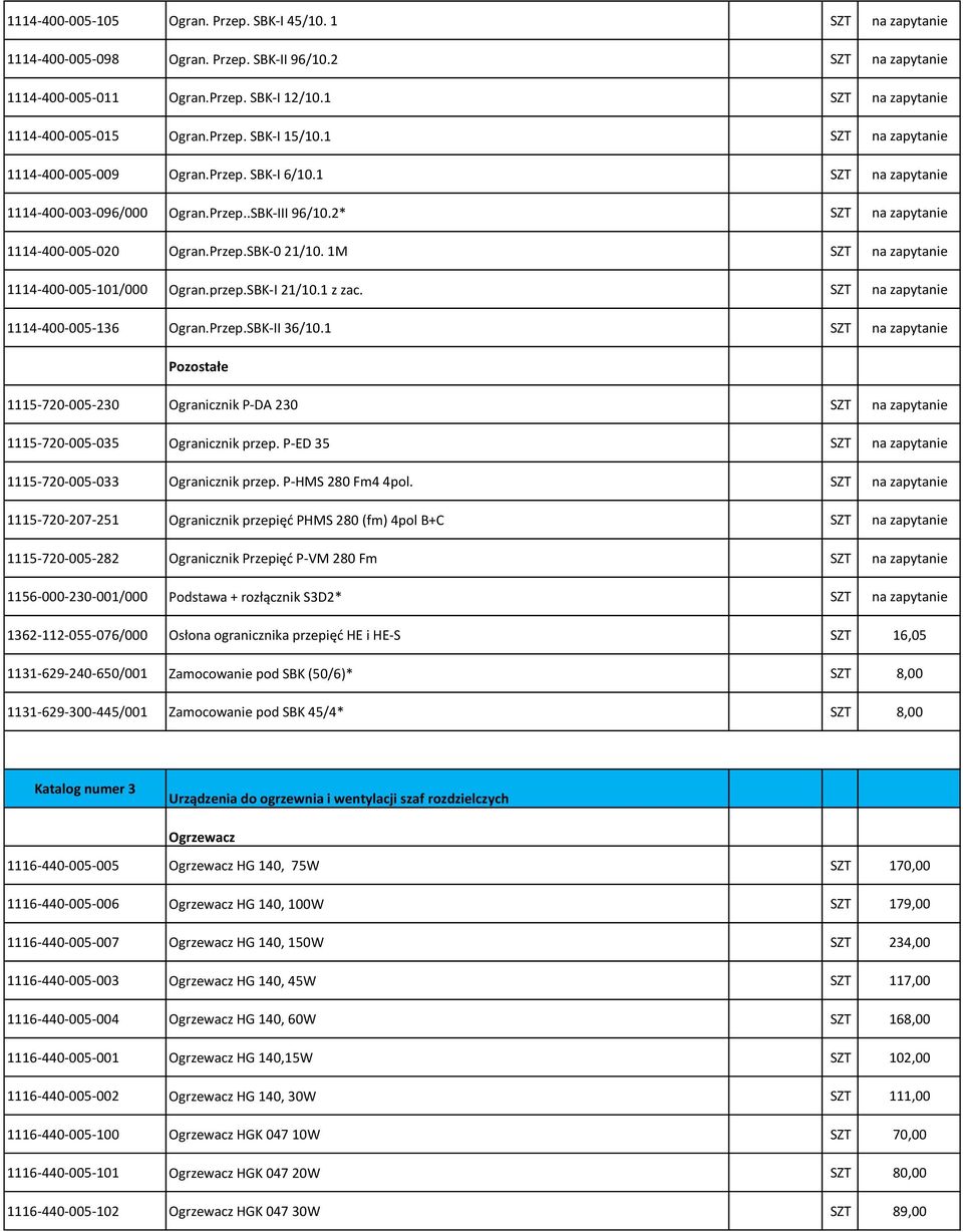 2* SZT na zapytanie 1114-400-005-020 Ogran.Przep.SBK-0 21/10. 1M SZT na zapytanie 1114-400-005-101/000 Ogran.przep.SBK-I 21/10.1 z zac. SZT na zapytanie 1114-400-005-136 Ogran.Przep.SBK-II 36/10.