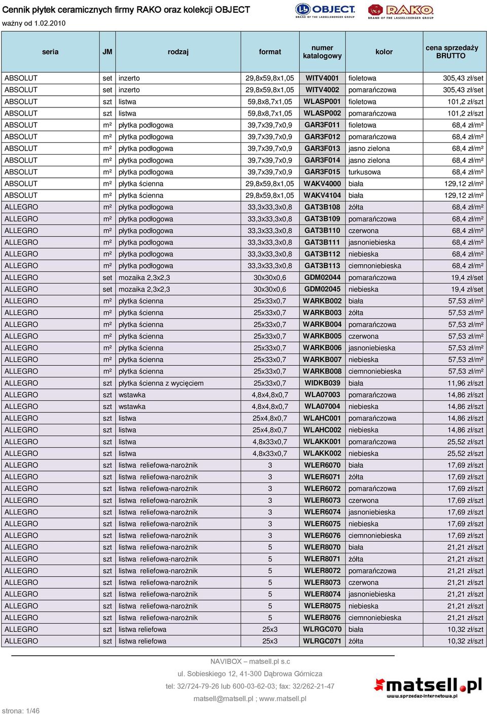 ABSOLUT m² płytka podłogowa 39,7x39,7x0,9 GAR3F012 pomarańczowa 68,4 zł/m² ABSOLUT m² płytka podłogowa 39,7x39,7x0,9 GAR3F013 jasno zielona 68,4 zł/m² ABSOLUT m² płytka podłogowa 39,7x39,7x0,9