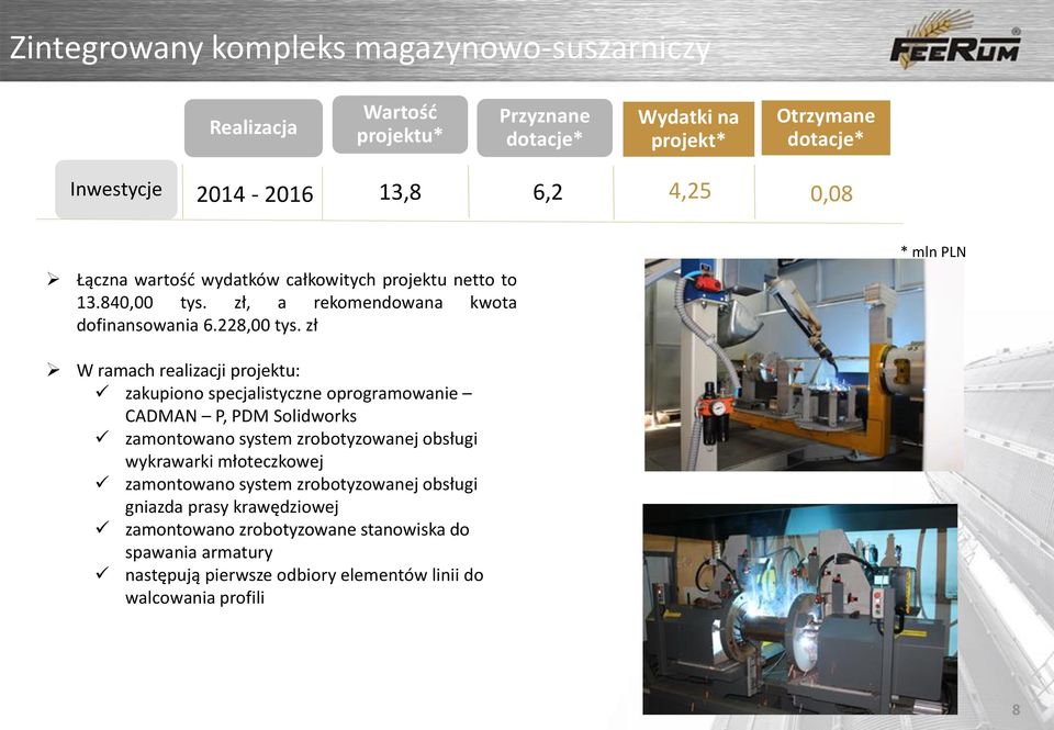 zł W ramach realizacji projektu: zakupiono specjalistyczne oprogramowanie CADMAN P, PDM Solidworks zamontowano system zrobotyzowanej obsługi wykrawarki młoteczkowej