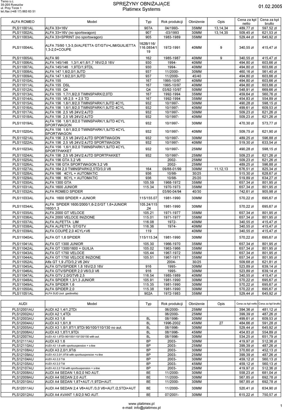 0854/1 1972-1991 40MM 9 340,55 zł 415,47 zł 1,3-2,0+COUPE 19 PLS11005AL ALFA 90 162 1985-1987 40MM 9 340,55 zł 415,47 zł PLS11006AL ALFA 145/146 1,3/1,4/1,6/1,7 16V/2,0 16V 930 1994-40MM 494,80 zł