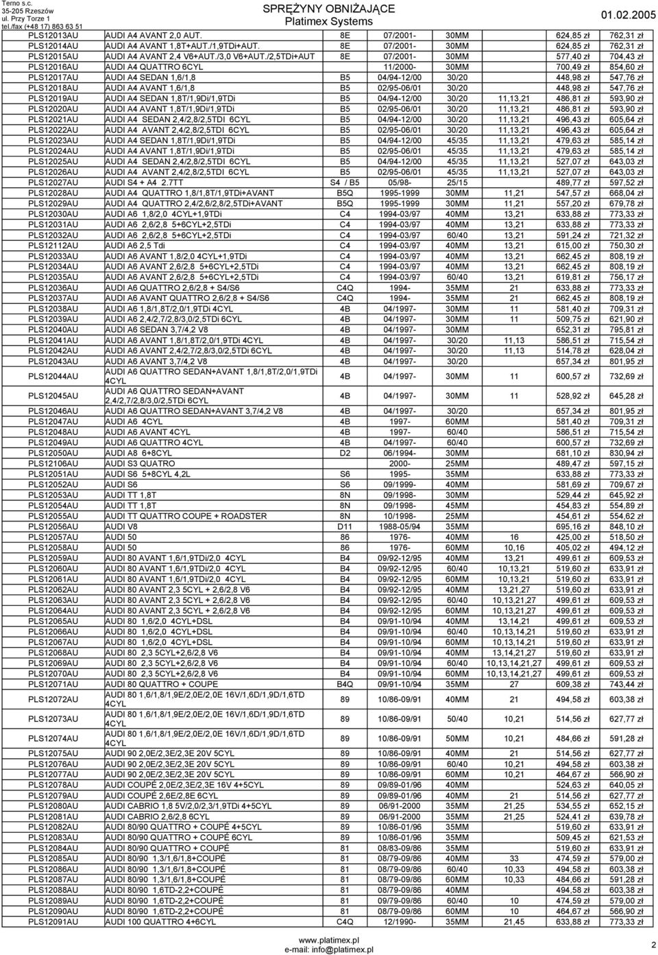 /2,5TDi+AUT 8E 07/2001-30MM 577,40 zł 704,43 zł PLS12016AU AUDI A4 QUATTRO 6CYL 11/2000-30MM 700,49 zł 854,60 zł PLS12017AU AUDI A4 SEDAN 1,6/1,8 B5 04/94-12/00 30/20 448,98 zł 547,76 zł PLS12018AU