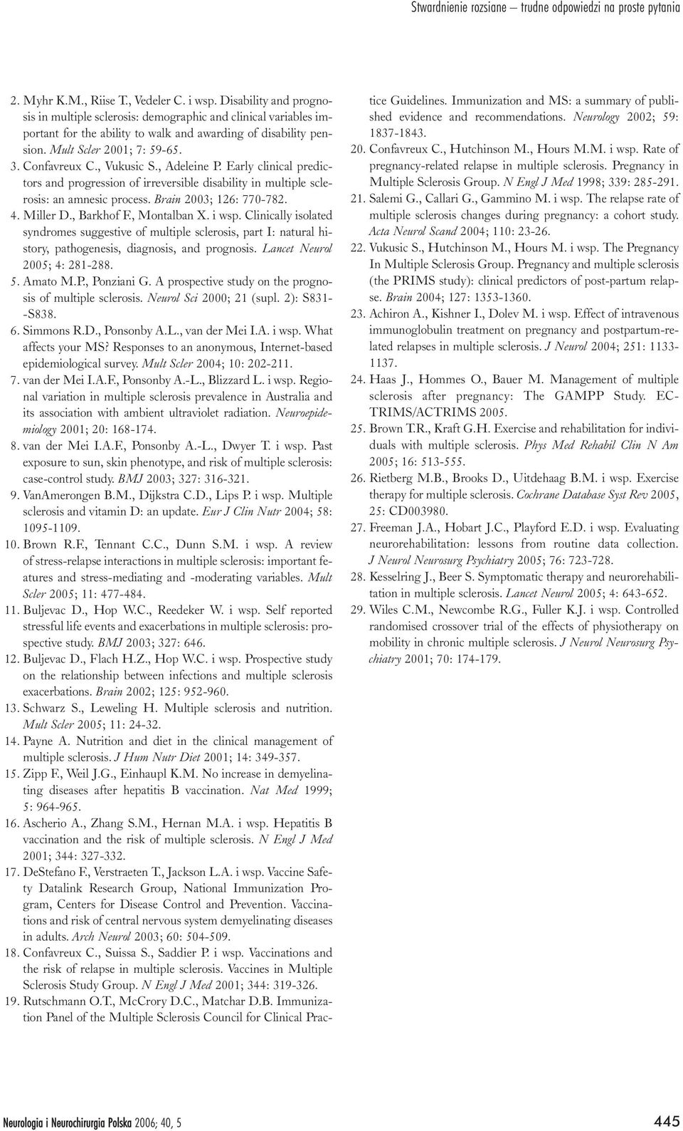 , Vukusic S., Adeleine P. Early clinical predictors and progression of irreversible disability in multiple sclerosis: an amnesic process. Brain 2003; 126: 770-782. 4. Miller D., Barkhof F.