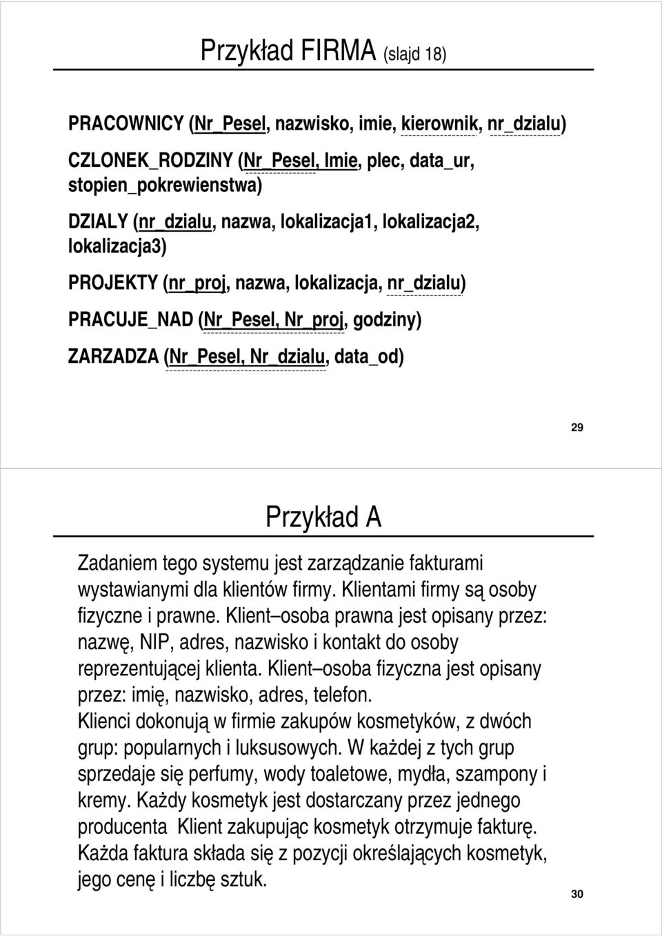 klientów firmy. Klientami firmy są osoby fizyczne i prawne. Klient osoba prawna jest opisany przez: nazwę, IP, adres, i kontakt do osoby reprezentującej klienta.