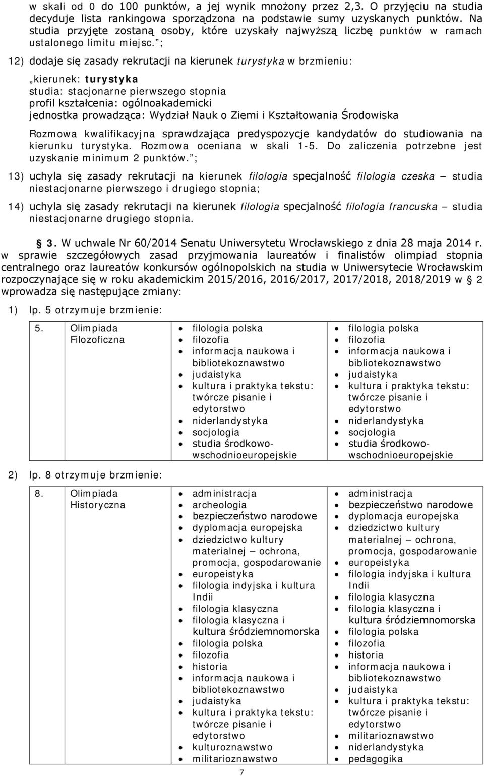 ; 12) dodaje się zasady rekrutacji na kierunek turystyka w brzmieniu: kierunek: turystyka studia: stacjonarne pierwszego stopnia jednostka prowadząca: Wydział Nauk o Ziemi i Kształtowania Środowiska