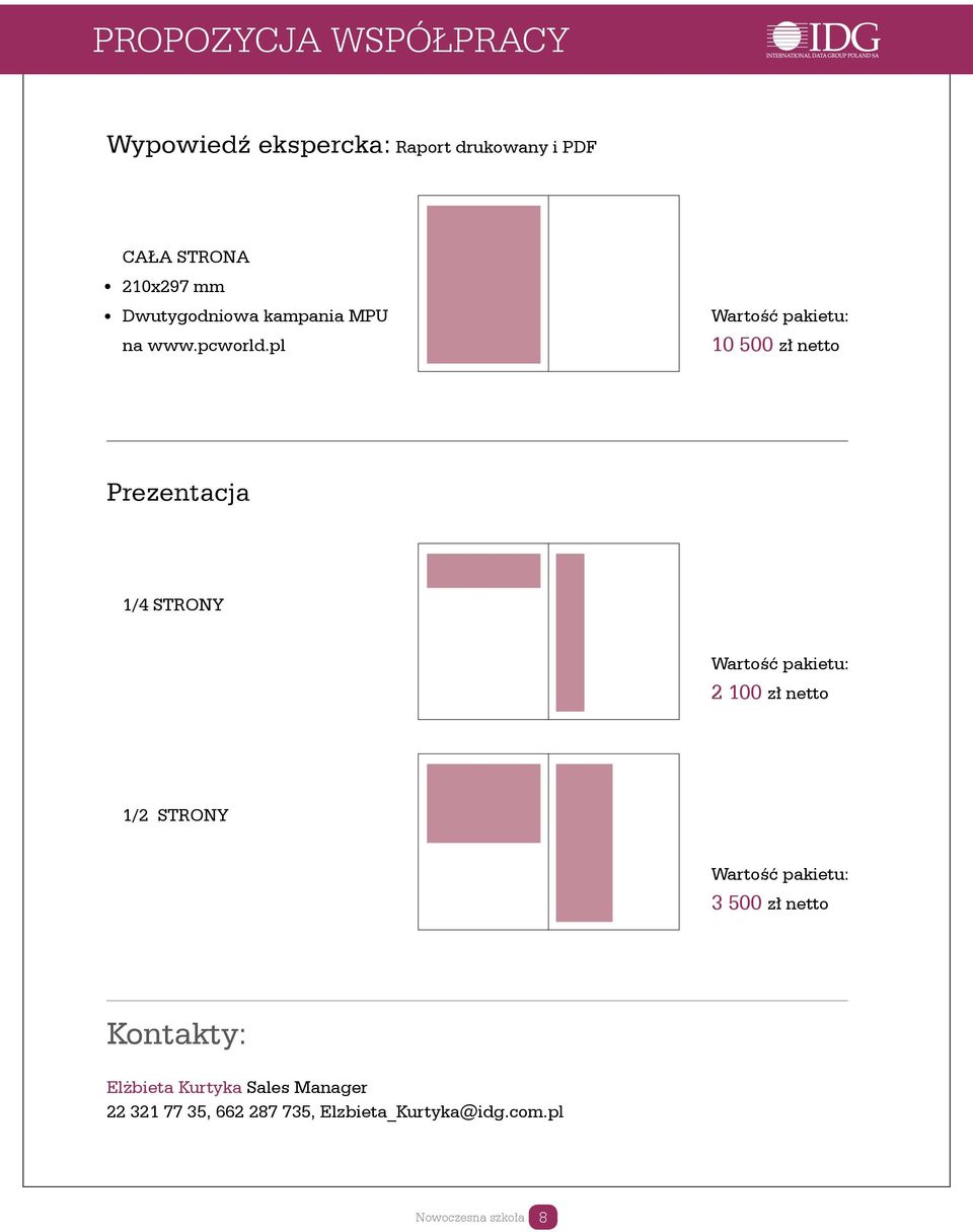 pl 10 500 zł netto Prezentacja 1/4 STRONY 2 100 zł netto 1/2 STRONY 3 500 zł netto