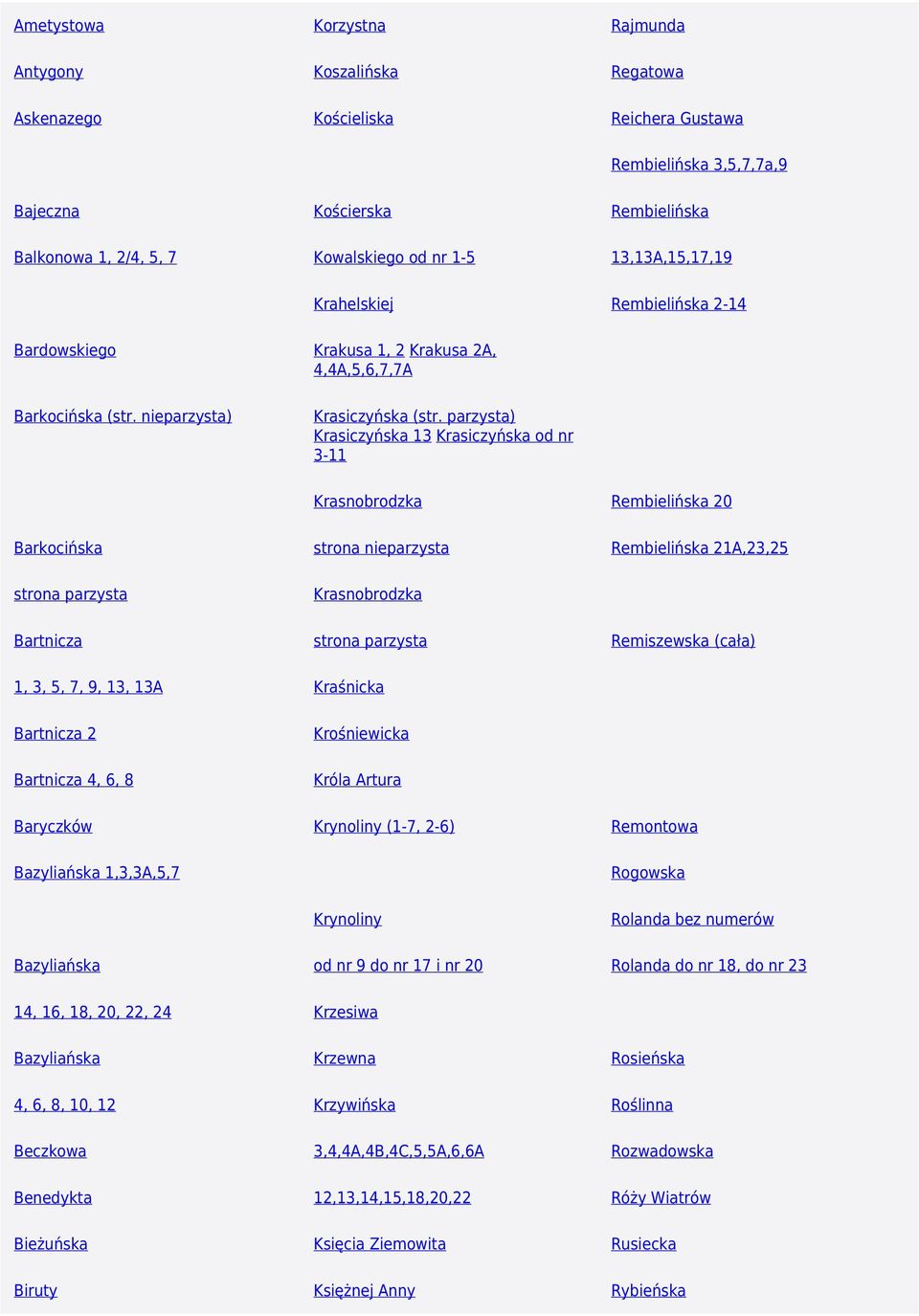 parzysta) Krasiczyńska 13 Krasiczyńska od nr 3-11 Krasnobrodzka Rembielińska 20 Barkocińska strona nieparzysta Rembielińska 21A,23,25 strona parzysta Krasnobrodzka Bartnicza strona parzysta