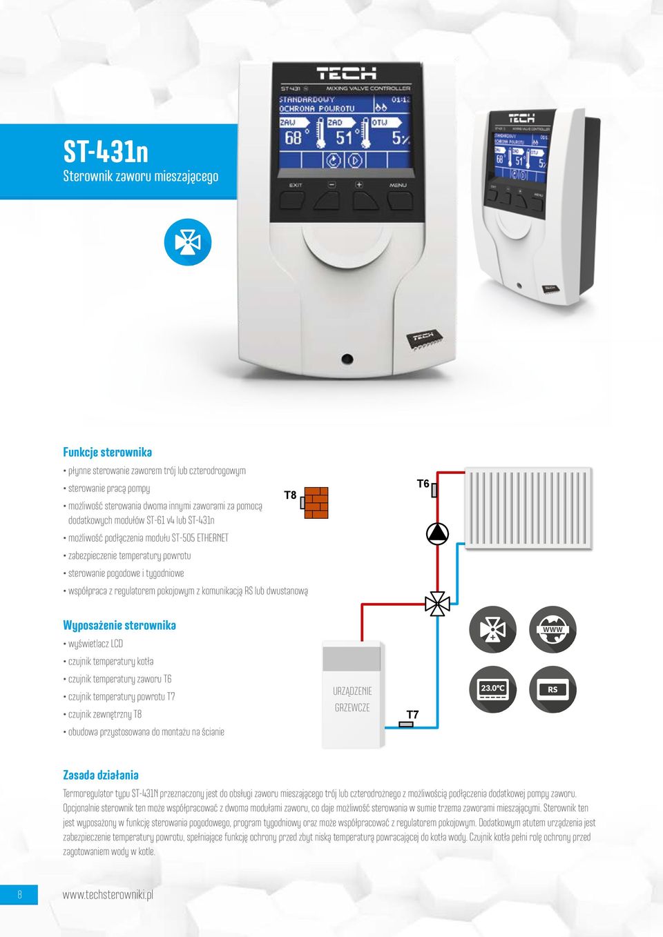 wyświetlacz LCD czujnik temperatury ktła czujnik temperatury zawru T6 czujnik temperatury pwrtu T7 czujnik zewnętrzny T8 budwa przystswana d mntażu na ścianie URZĄDZENIE GRZEWCZE T7 Zasada działania