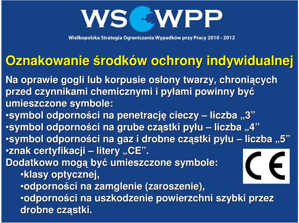 cząstki pyłu liczba 4 symbol odporności na gaz i drobne cząstki pyłu liczba 5 znak certyfikacji litery CE.
