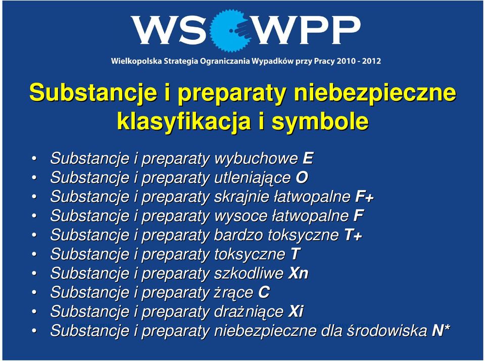 Substancje i preparaty bardzo toksyczne T+ Substancje i preparaty toksyczne T Substancje i preparaty szkodliwe Xn