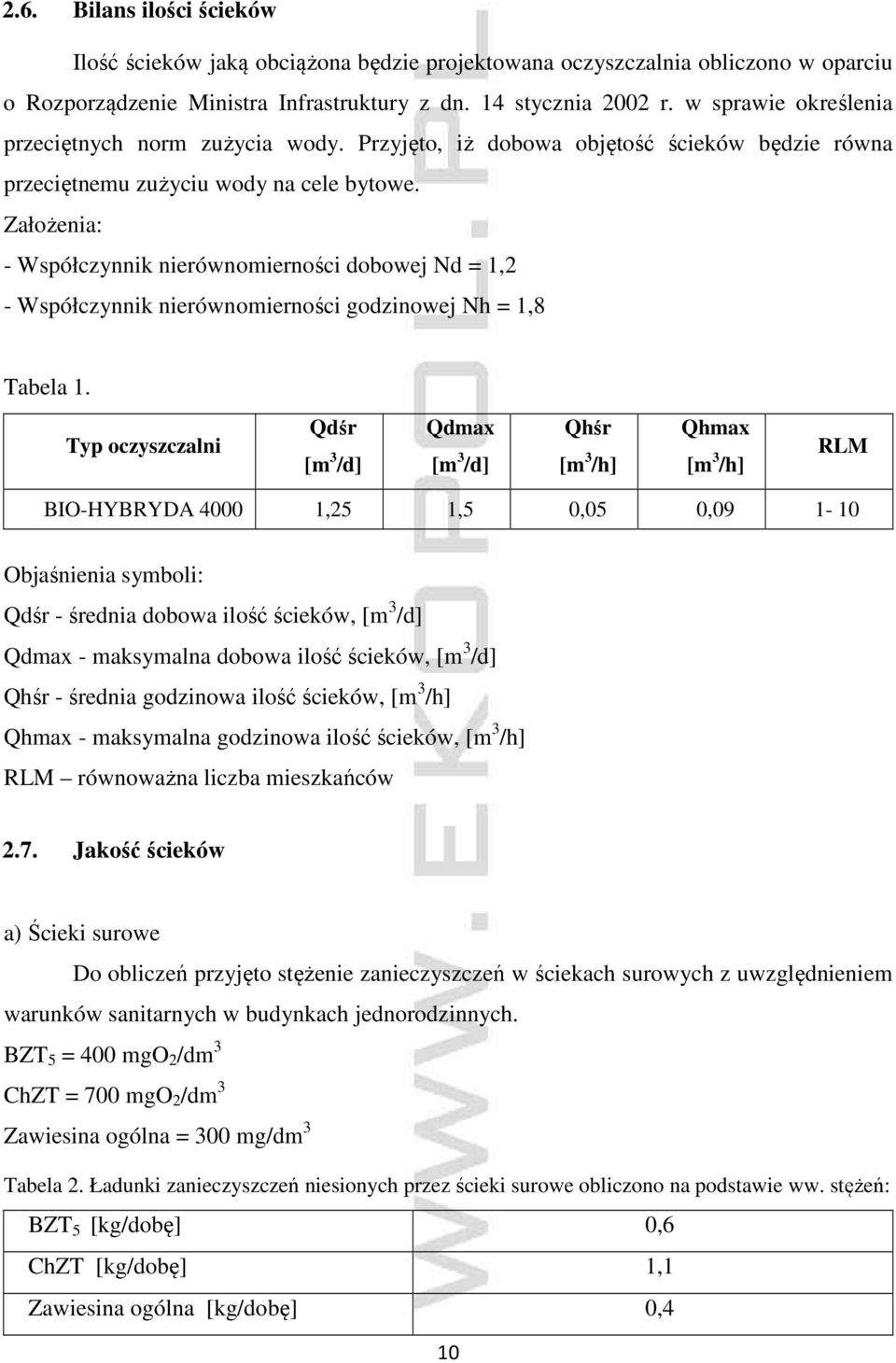 Założenia: - Współczynnik nierównomierności dobowej Nd = 1,2 - Współczynnik nierównomierności godzinowej Nh = 1,8 Tabela 1.